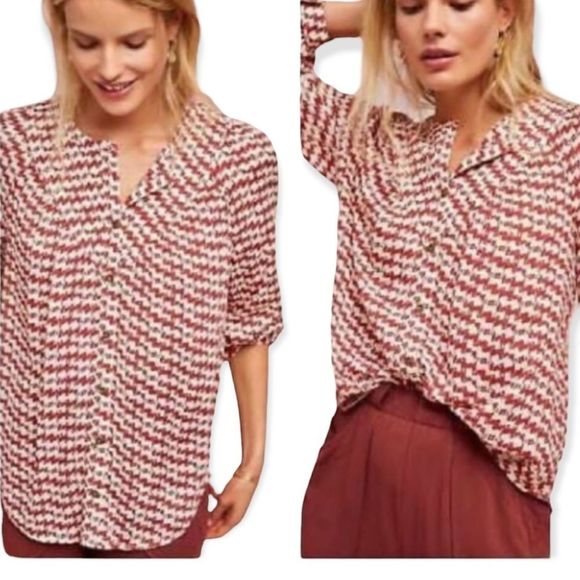 Maeve Tops - MAEVE BY ANTHROPOLOGIE | SIZE: M | UNIQUE DARK RED & WHITE DOG PRINT BLOUSE
